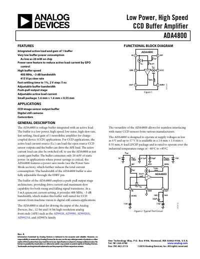 Analog Devices ADA4800 CCD Buffer Amplifier Datasheet - cover page