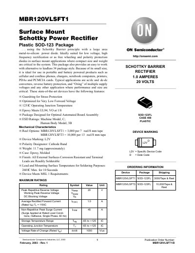 ON Semiconductor MBR120VLSFT1 Schottky Power Rectifier Datasheet