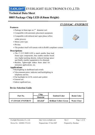 EVERLIGHT ELECTRONICS CO. LTD. Technical Data Sheet 0805 Package Chip LED (0.8mm Height) 17-215/G6C FN2P2B/3T  - cover page