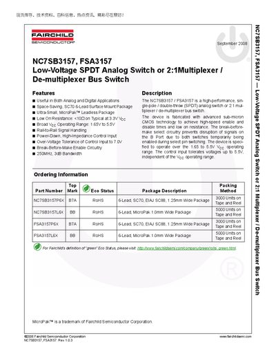 FAIRCHILD NC7SB3157 FSA3157 Low-Voltage SPDT Analog Switch or 2:1Multiplexer De-multiplexer Bus Switch Manual - cover page
