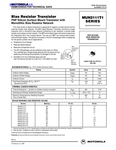 Motorola MUN2111T1 Series Bias Resistor Transistor Datasheet - cover page