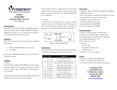 VERSITRON M7260M 10/100/1000BASE-T to 1000BASE-X MEDIA CONVERTER WITH SFP SUPPORT INSTALLATION GUIDE - cover page