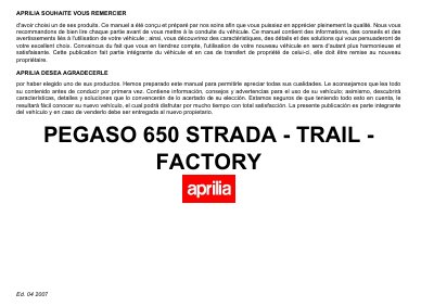 Aprilia Pegaso 650 Strada-Trail-Factory Owner's Manual