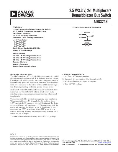Analog Devices ADG3249 2:1 Multiplexer/Demultiplexer Datasheet - cover page