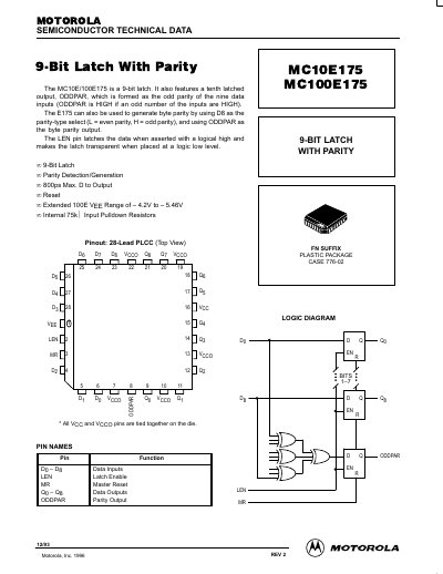Motorola MC10E175/MC100E175 9-Bit Latch With Parity Datasheet