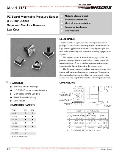 ICSENSORS 1451 PC Board Mountable Pressure Sensor 0-60 mV Output Gage Absolute Pressure Low Cost