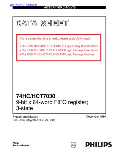 PHILIPS 74HC/HCT7030 9-bit x 64-word FIFO register; 3-state handbook - cover page