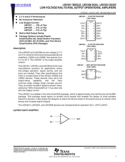 Texas Instruments LMV321, LMV358, LMV324 Low-Voltage Rail-to-Rail Output Operational Amplifiers Datasheet - cover page
