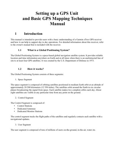 Garmin eTrex GPS Unit Setting Up and Basic Mapping Techniques Manual - cover page