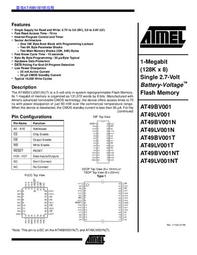 ATMEL AT49BV001/AT49LV001/AT49BV001N/AT49LV001N/AT49BV001T/AT49LV001T/AT49BV001NT/AT49LV001NT Battery-Voltage Flash Memory - cover page