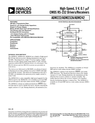 Analog Devices ADM222/ADM232A/ADM242 RS-232 Drivers/Receivers Datasheet