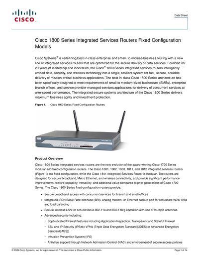 Cisco 1800 Series Integrated Services Routers Fixed‑Configuration Data Sheet