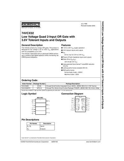 Fairchild 74VCX32 Quad 2-Input OR Gate Datasheet - cover page