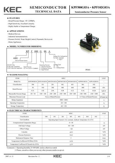 KEC KPF500G03A – KPF102G03A Semiconductor Pressure Sensor Datasheet - cover page