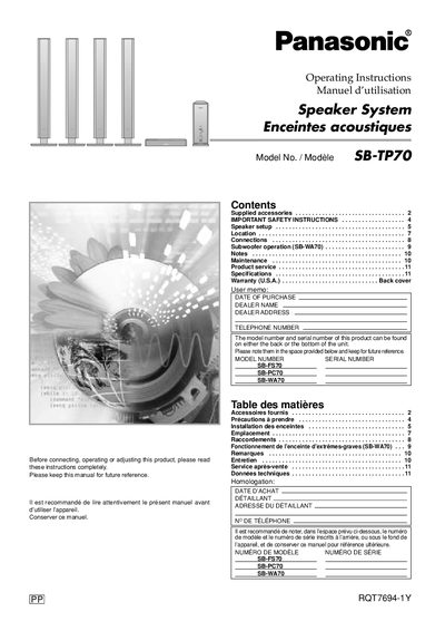 Panasonic SBWA70 Manual - cover page