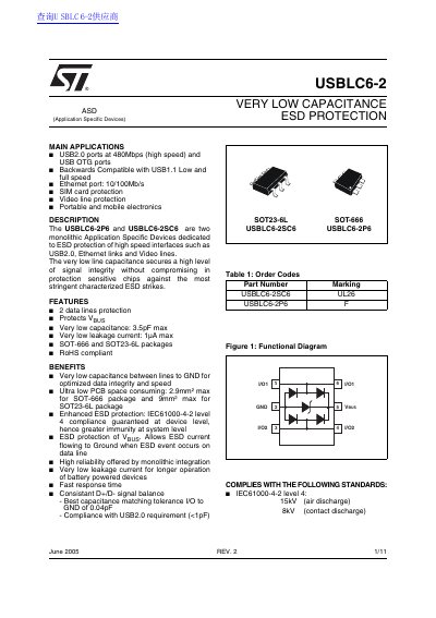 STMicroelectronics USBLC6-2 ESD Protection Datasheet - cover page