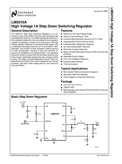National Semiconductor LM5010A High Voltage 1A Step Down Switching Regulator Datasheet - cover page
