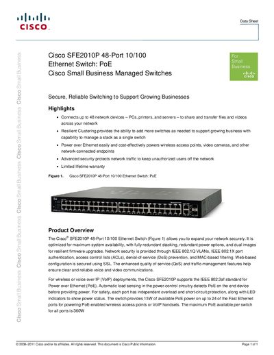 Cisco SFE2010P 48‑Port 10/100 Ethernet Switch PoE Datasheet - cover page