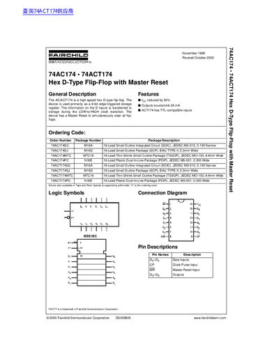 Fairchild Semiconductor 74AC174/74ACT174 Hex D-Type Flip-Flop with Master Reset Datasheet