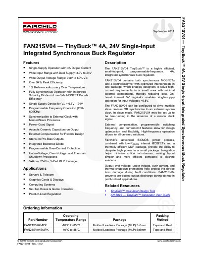 Fairchild FAN21SV04 TinyBuck 4A Synchronous Buck Regulator Datasheet - cover page