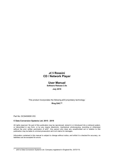 dCS Rossini CD/Network Player User Manual - cover page