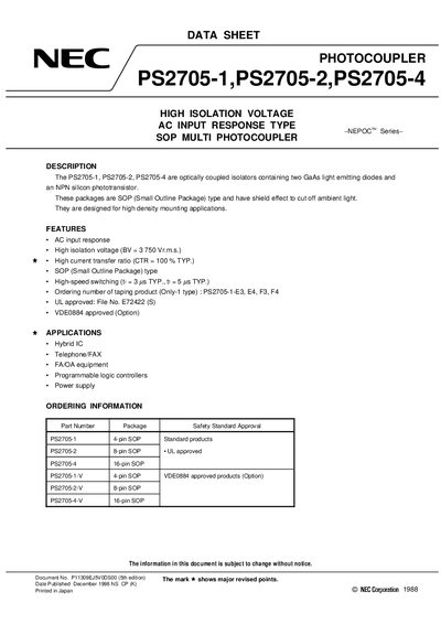NEC PS2705-1/PS2705-2/PS2705-4 Optocoupler Datasheet - cover page