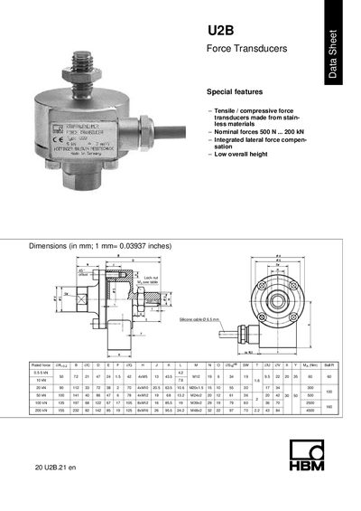 HBM U2B Force Transducer Data Sheet - cover page