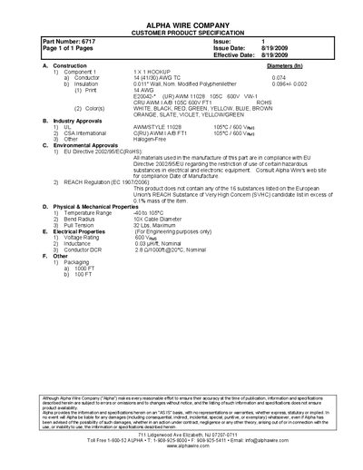 Alpha Wire 6717 Product Specification - cover page
