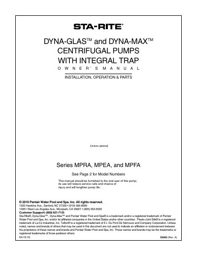Sta-Rite MPRA/MPEA/MPFA Centrifugal Pumps Installation Operation and Parts Manual - cover page