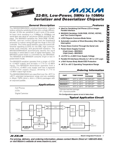 Maxim MAX9223/MAX9224 Serializer/Deserializer Chipset Datasheet - cover page