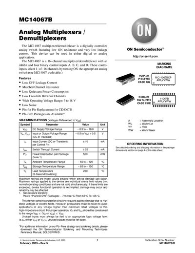 ON Semiconductor MC14067B Analog Multiplexer/Demultiplexer Datasheet - cover page