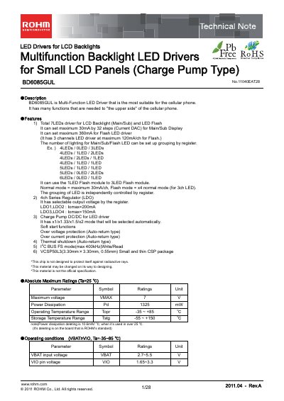 ROHM BD6085GUL LED Driver Technical Note - cover page