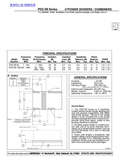 MACOM PDZ-2B Series Power Dividers Combiners Datasheet - cover page