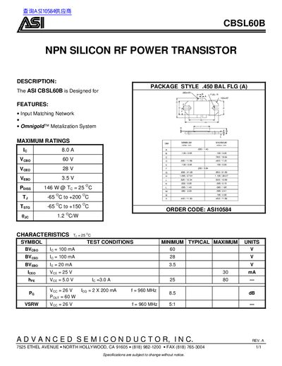 ASI CBSL60B NPN Silicon RF Power Transistor Datasheet