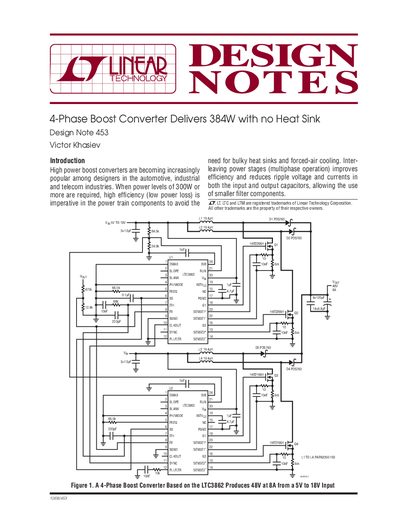 LINEAR 4-Phase Boost Converter Delivers 384W with no Heat Sink Design Note 453 handbook - cover page
