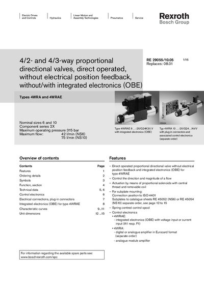 Rexroth 4/2- 4/3-way proportional directional valves direct operated without electrical position feedback without/with integrated electronics (OBE)Manual - cover page