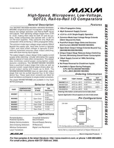 Maxim MAX987/MAX988/MAX991/MAX992/MAX995/MAX996 Comparator Datasheet - cover page