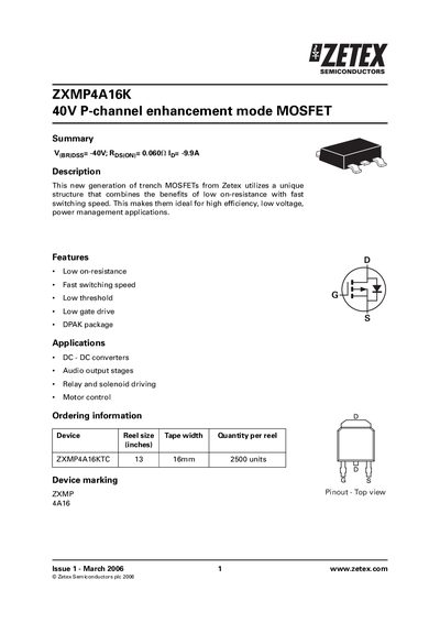 Zetex ZXMP4A16K MOSFET Datasheet - cover page