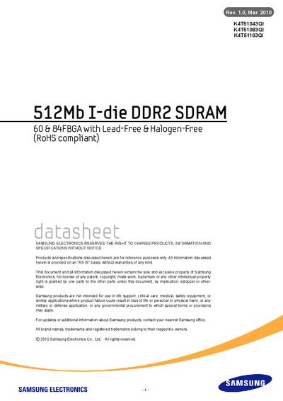 Samsung 512Mb I-die DDR2 SDRAM Datasheet - cover page