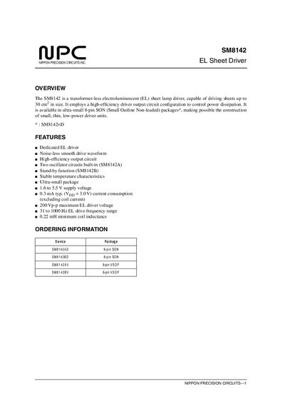 Nippon Precision Circuits SM8142 EL Sheet Driver Datasheet - cover page