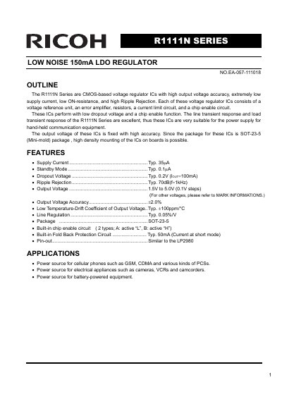 Ricoh R1111N Series Low Noise LDO Regulator Datasheet - cover page
