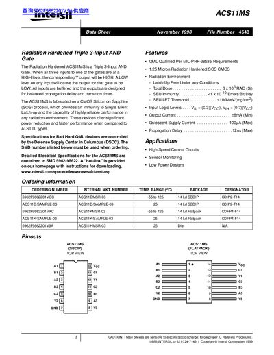 Intersil ACS11MS Radiation Hardened Triple 3-Input AND Gate Datasheet - cover page