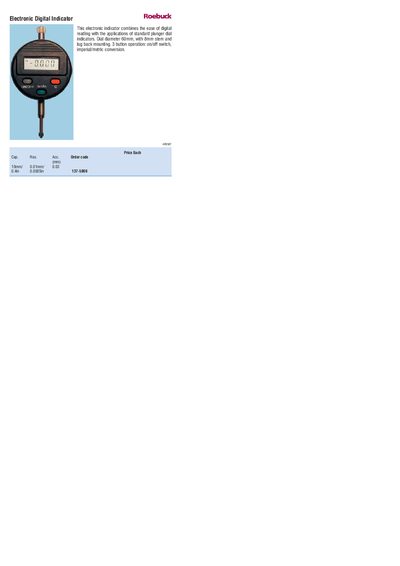 DURATOOL - Price Each Cap. Res. Acc. (mm) Order code 10mm/ 0.4in 0.01mm/ 0.0005in 0.03 137-5869 Datasheet - cover page