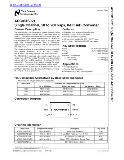 national semiconductor ADC081S021 Single Channel 50 to 200 ksps 8-Bit A/D Converter Manual