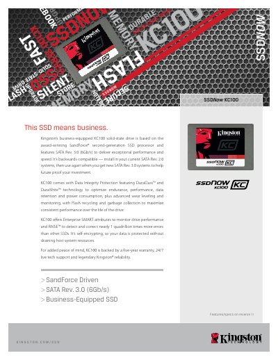 Kingston KC100 SSD Datasheet - cover page