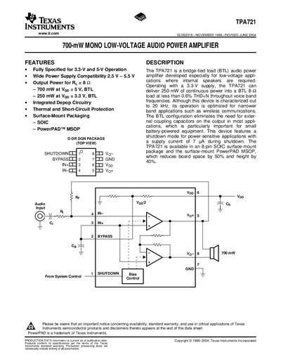 Texas Instruments TPA721 SLOS231E Audio Power Amplifier Datasheet - cover page
