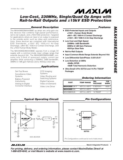 MAXIM MAX4385E/MAX4386E Low-Cost 230MHz Single/Quad Op Amps with Rail-to-Rail Outputs &plusmn;15kV ESD Protection handbook - cover page