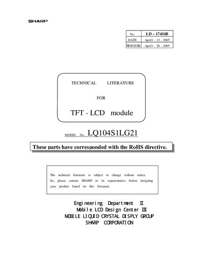 Sharp LQ104S1LG21 TFT-LCD Module Technical Literature - cover page