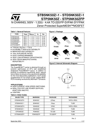 STMicroelectronics STB5NK50Z / STD5NK50Z / STP5NK50Z / STP5NK50ZFP Datasheet - cover page