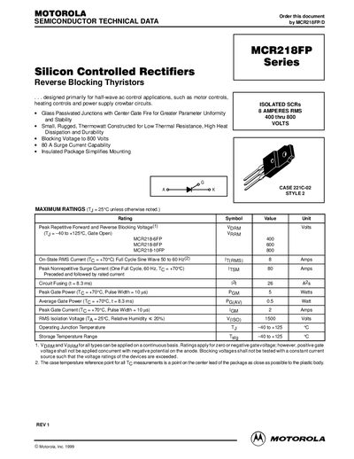 Motorola MCR218FP Series Silicon Controlled Rectifiers Datasheet - cover page